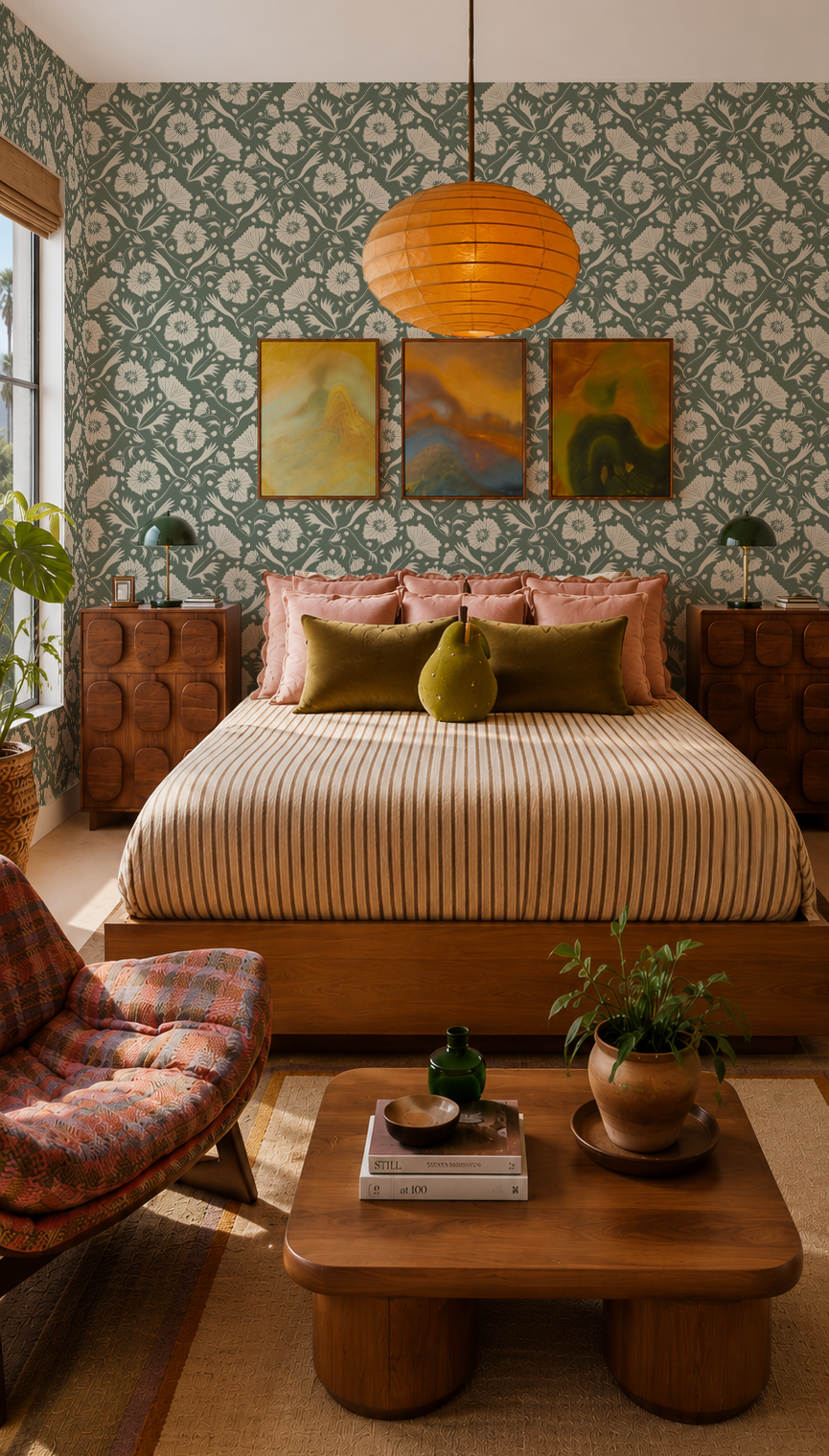 Poppy Pavilion Wallpaper, eucalyptus and beige