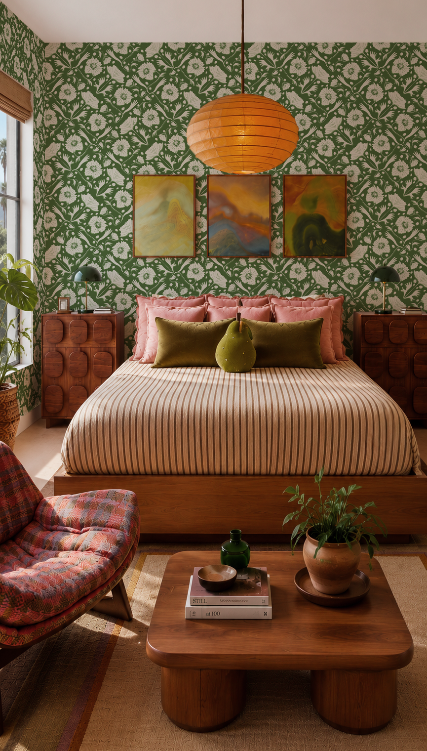 Poppy Pavilion Wallpaper, green and beige