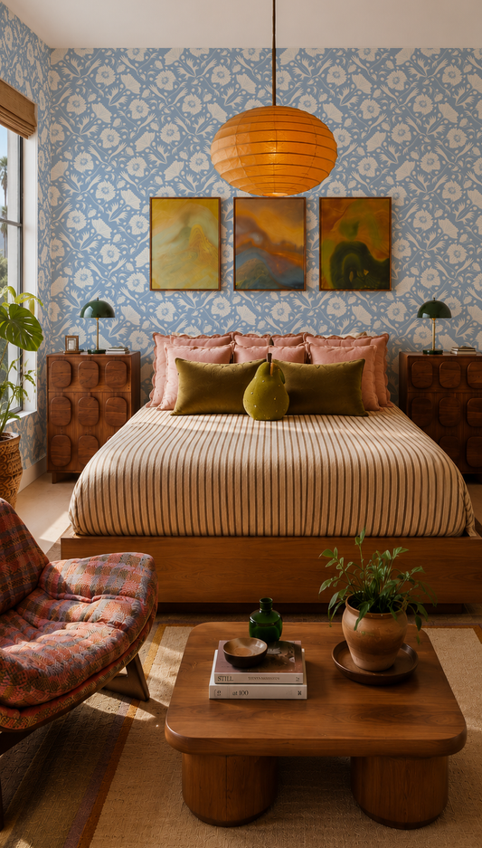 Poppy Pavilion Wallpaper, light blue and beige