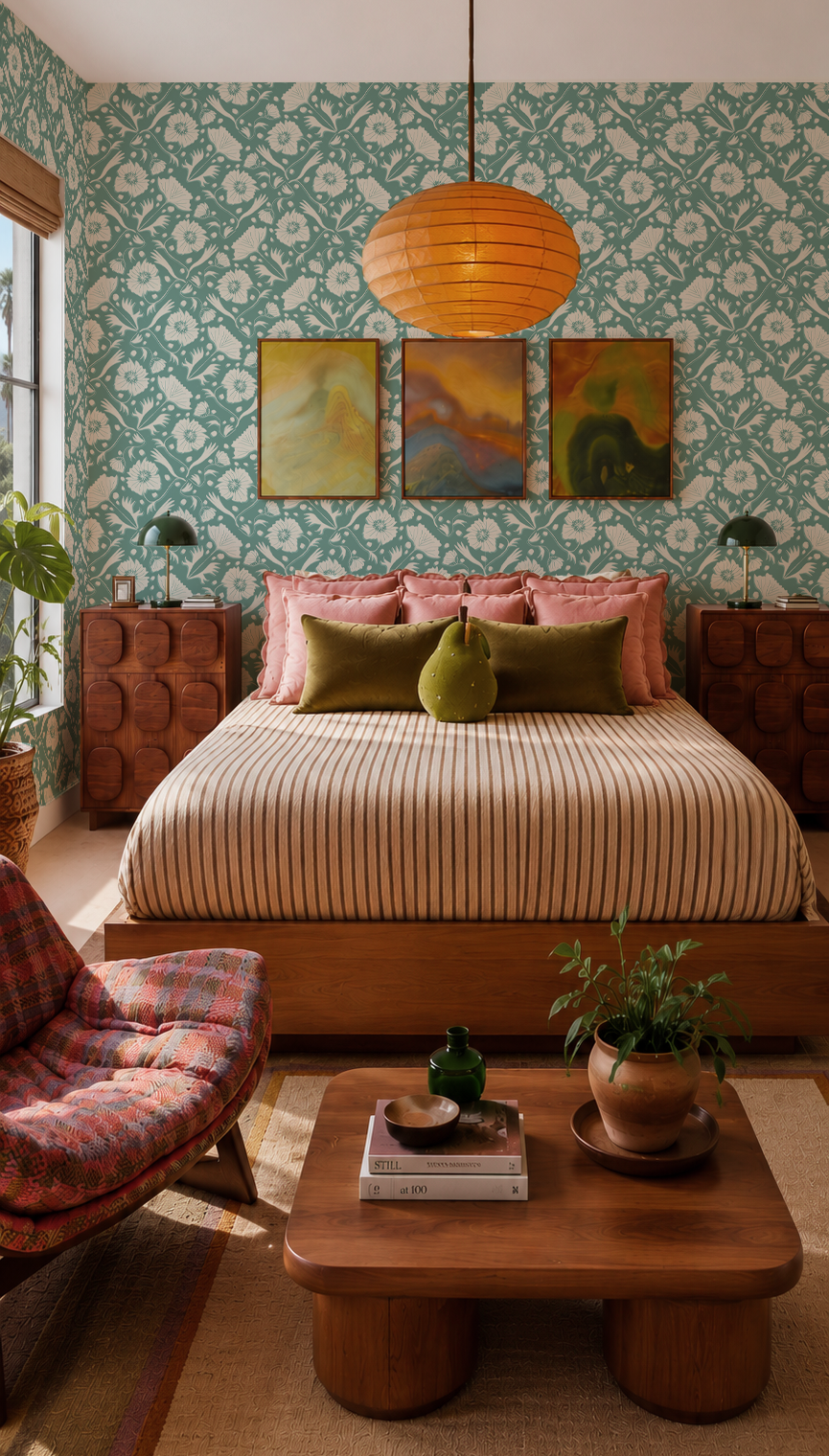 Poppy Pavilion Wallpaper, teal and beige