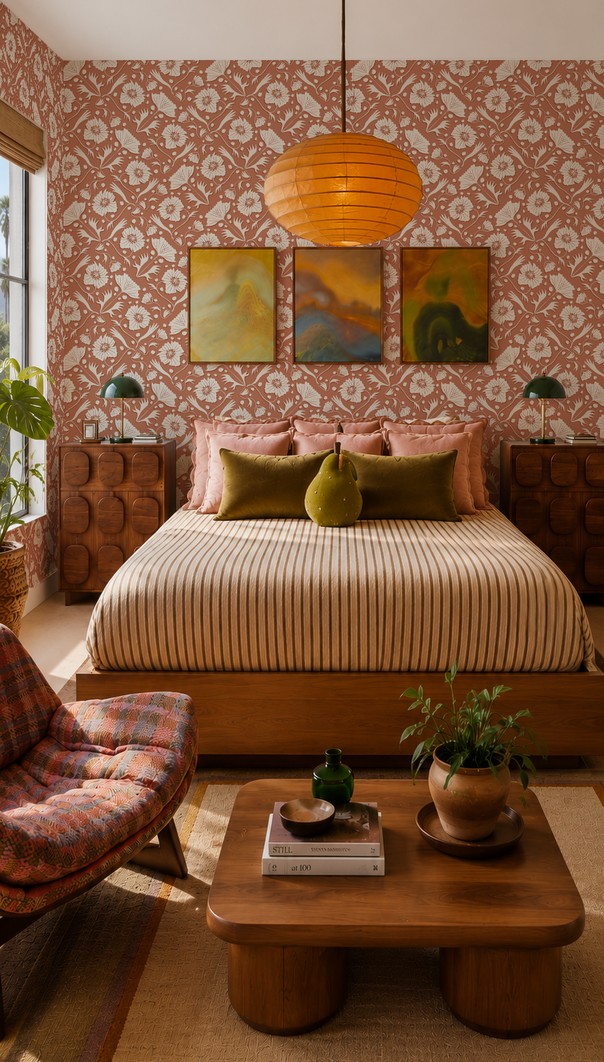 Poppy Pavilion Wallpaper, terra cotta and beige