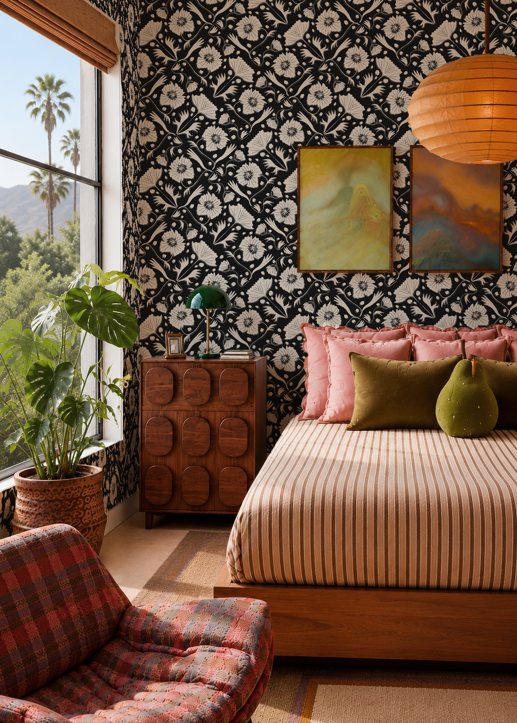 Poppy Pavilion Wallpaper, black and beige