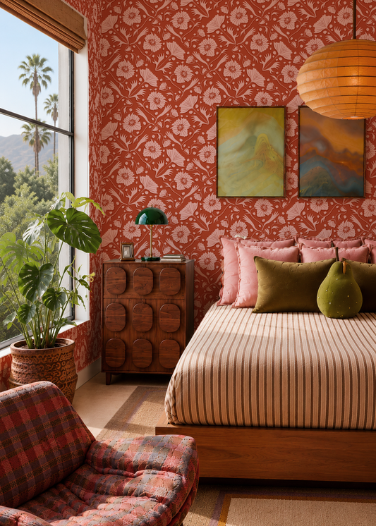 Poppy Pavilion Wallpaper, brick red and pink