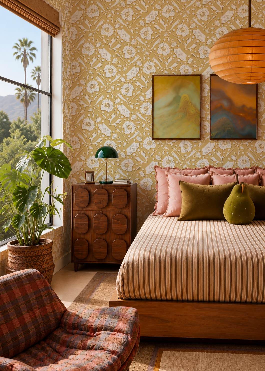 Poppy Pavilion Wallpaper, butter yellow and off-white