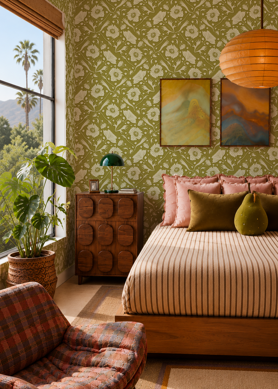 Poppy Pavilion Wallpaper, chartreuse