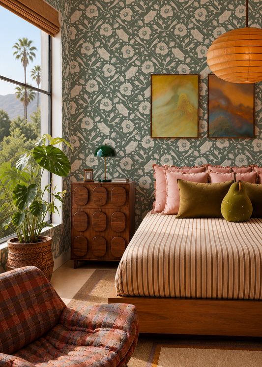 Poppy Pavilion Wallpaper, eucalyptus and beige