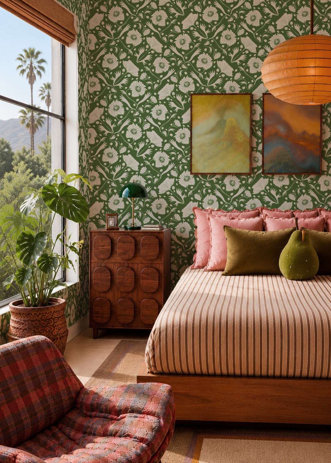 Poppy Pavilion Wallpaper, green and beige