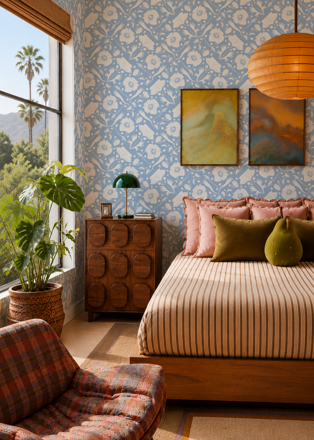 Poppy Pavilion Wallpaper, light blue and beige
