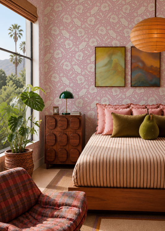 Poppy Pavilion Wallpaper, lilac and beige