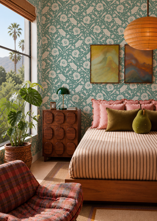 Poppy Pavilion Wallpaper, teal and beige