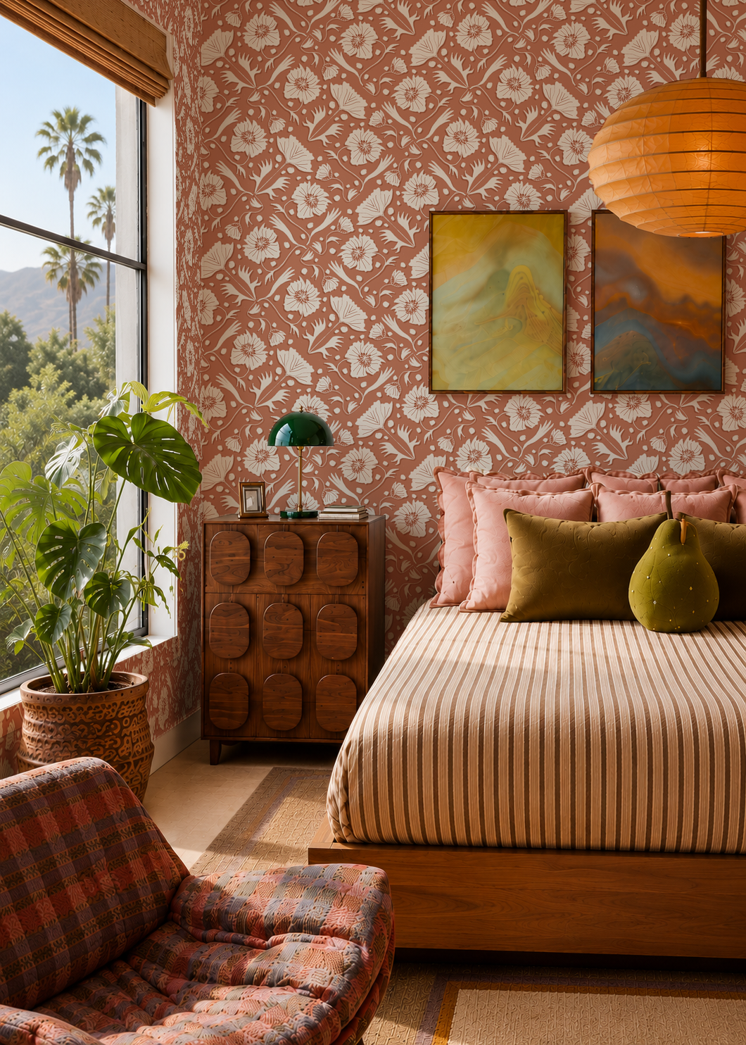 Poppy Pavilion Wallpaper, terra cotta and beige