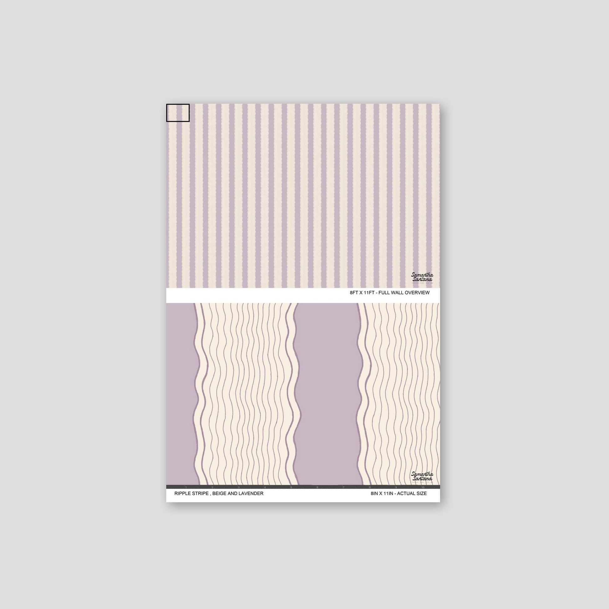Beige and lavender ripple stripe wallpaper sample with wavy pattern
