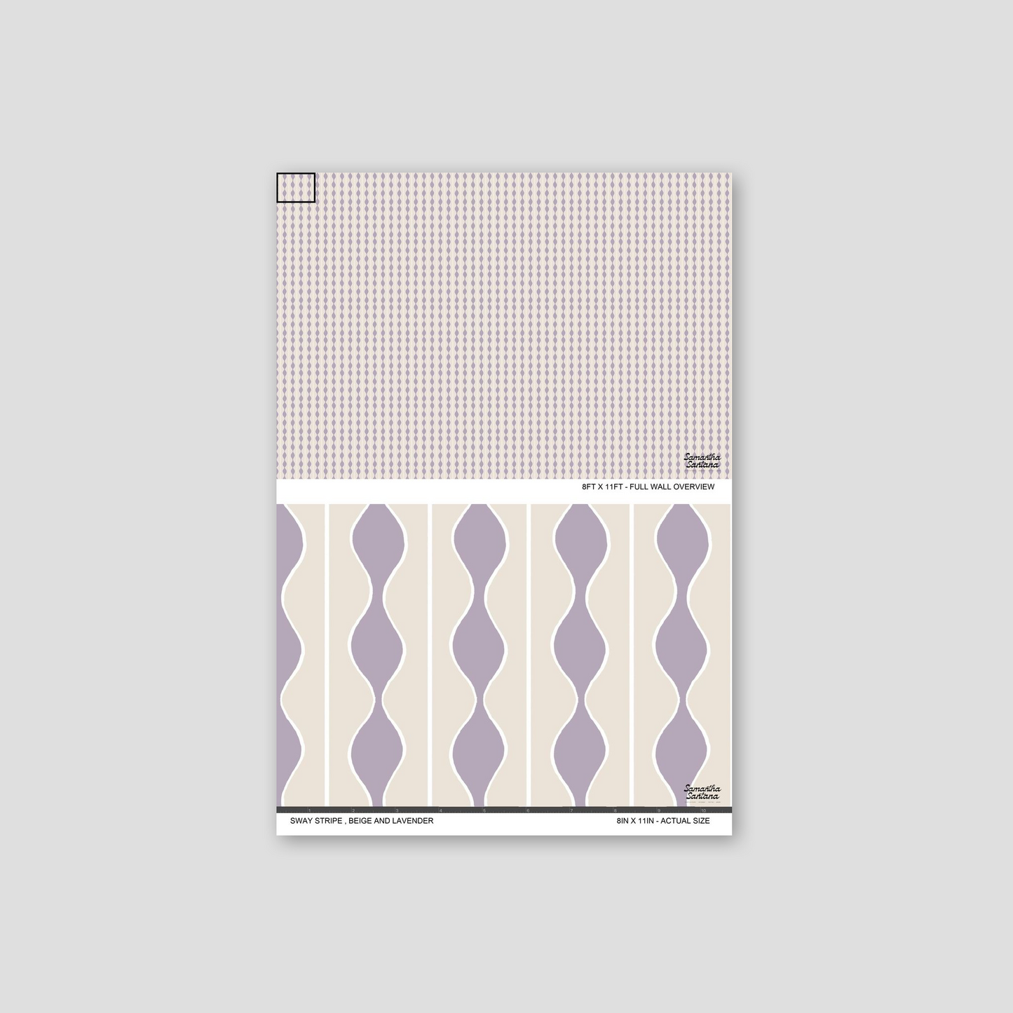 Beige and lavender wavy stripe wallpaper sample with geometric pattern.
