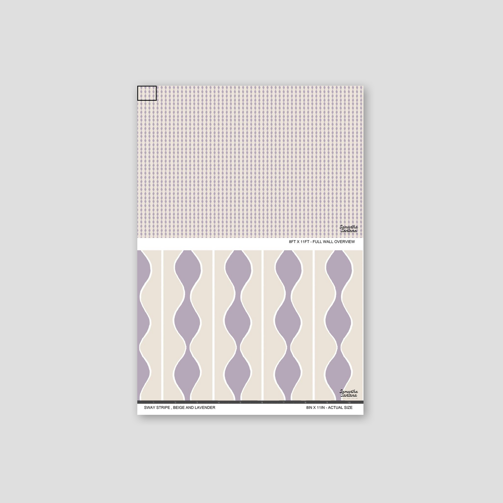 Beige and lavender wavy stripe wallpaper sample with geometric pattern.