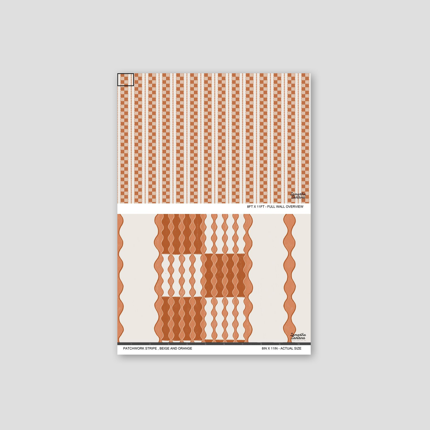 Beige and orange patchwork stripe wallpaper with wavy geometric pattern sample.