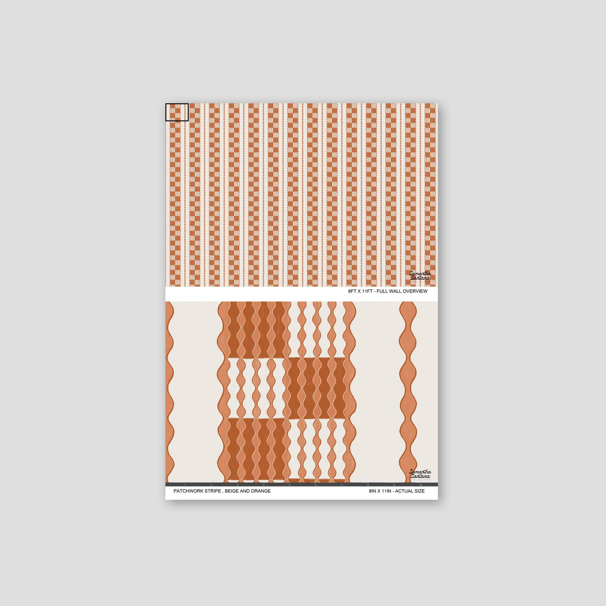 Beige and orange patchwork stripe wallpaper with wavy geometric pattern sample.