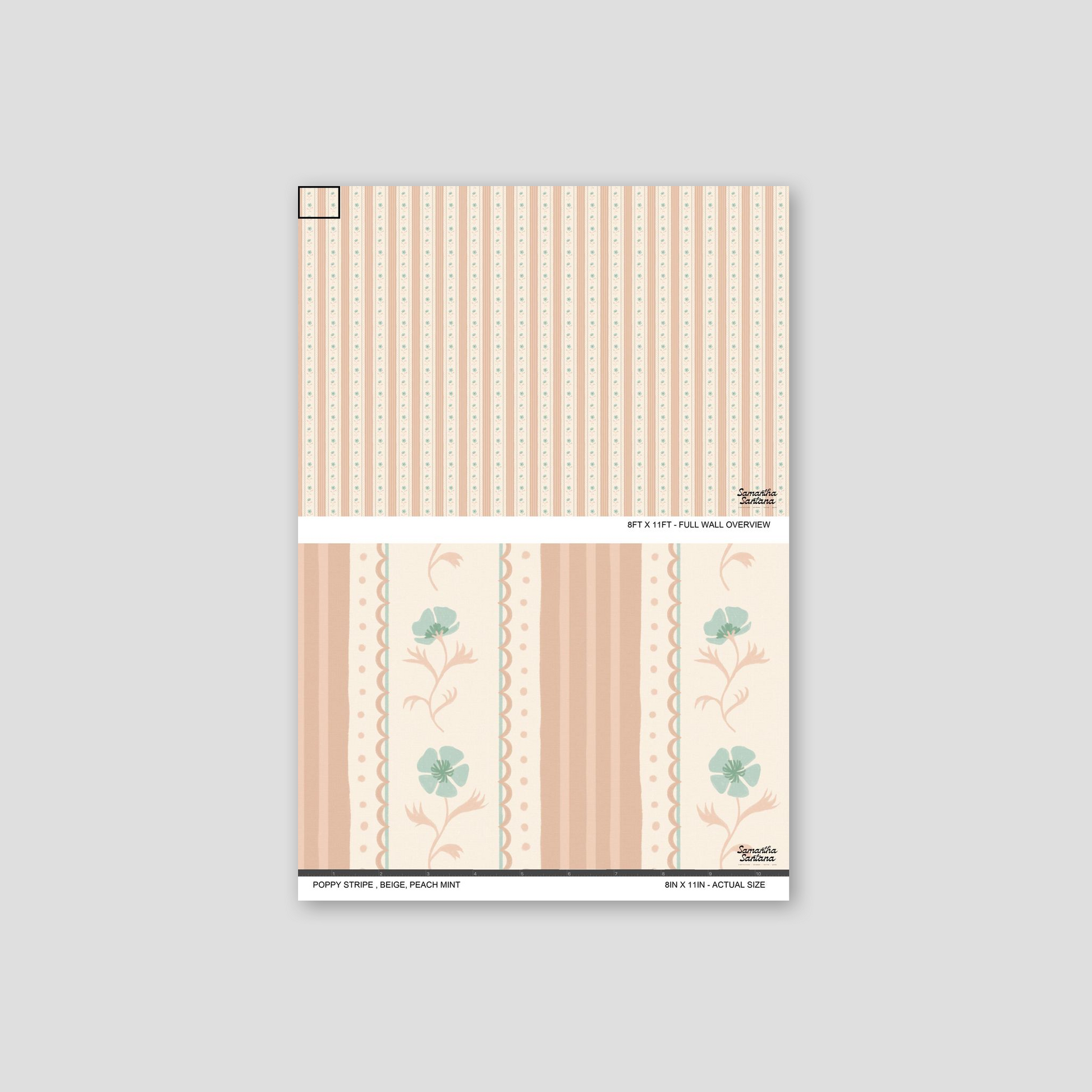 Beige, peach, mint floral striped wallpaper sample with poppy design.