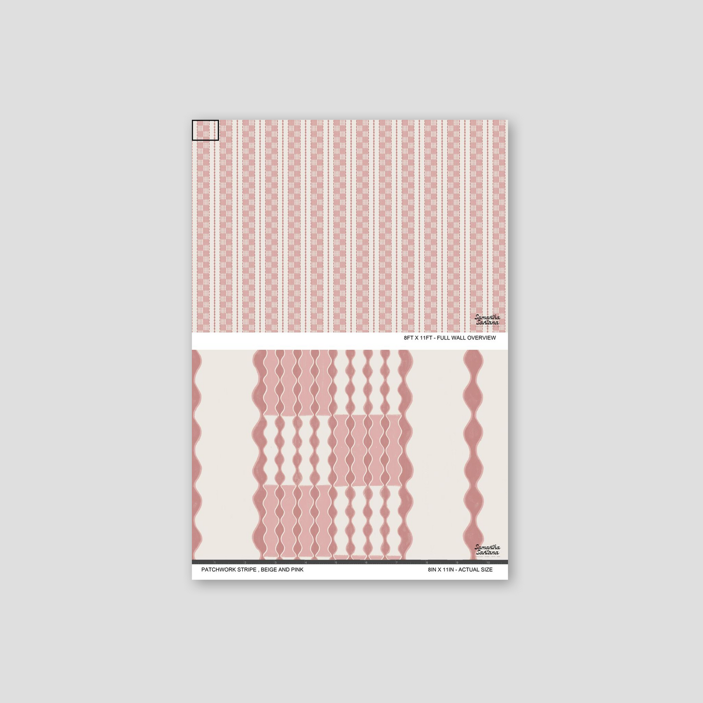 Beige and pink patchwork stripe wallpaper with wavy geometric pattern sample.