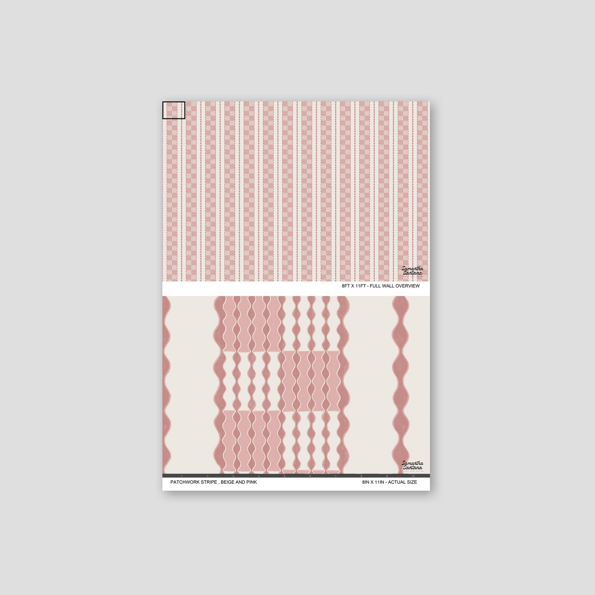 Beige and pink patchwork stripe wallpaper with wavy geometric pattern sample.