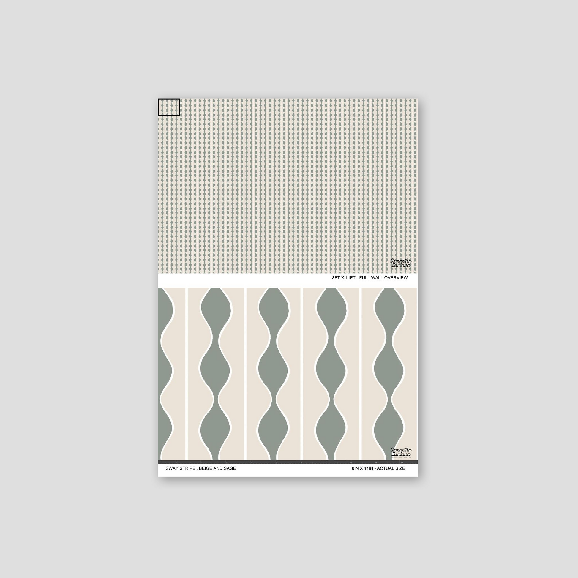 Beige and sage wavy stripe wallpaper sample with geometric pattern