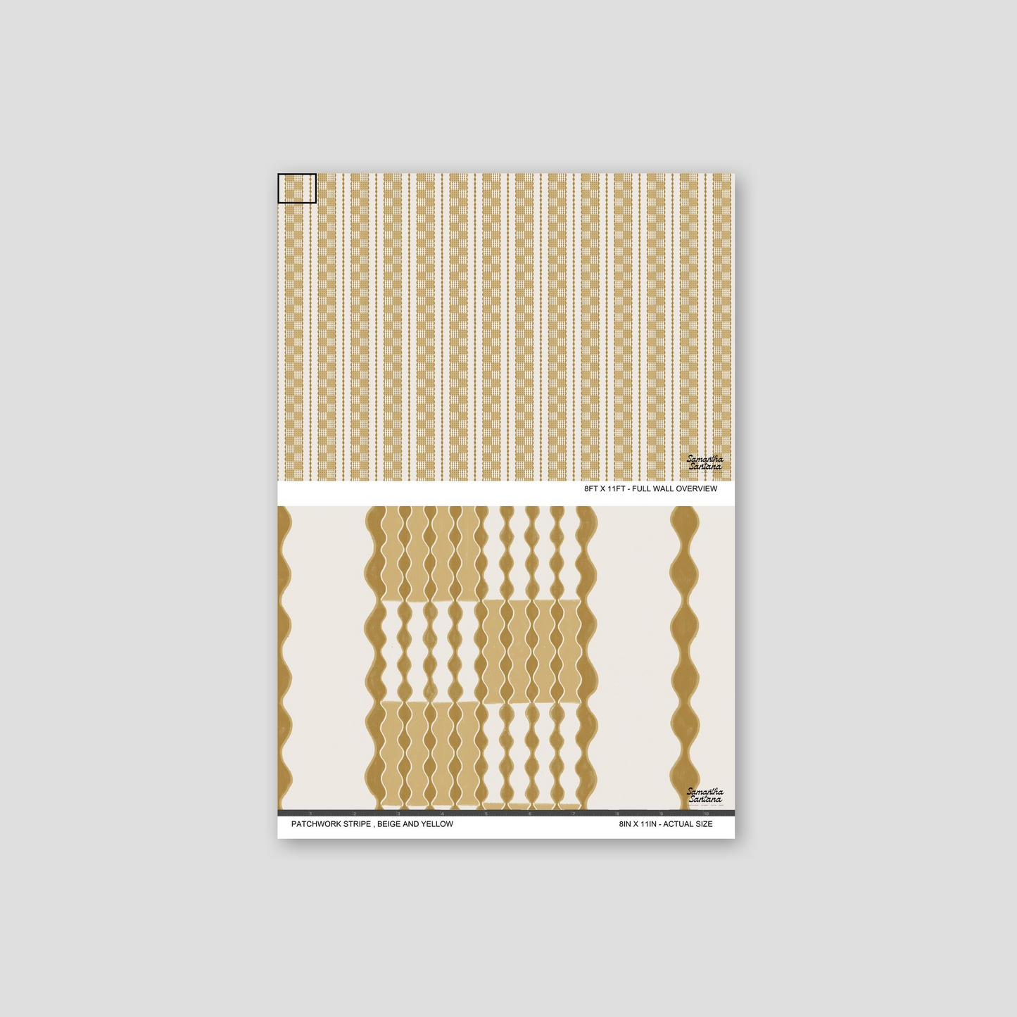 Beige and yellow patchwork stripe wallpaper with wavy geometric pattern.