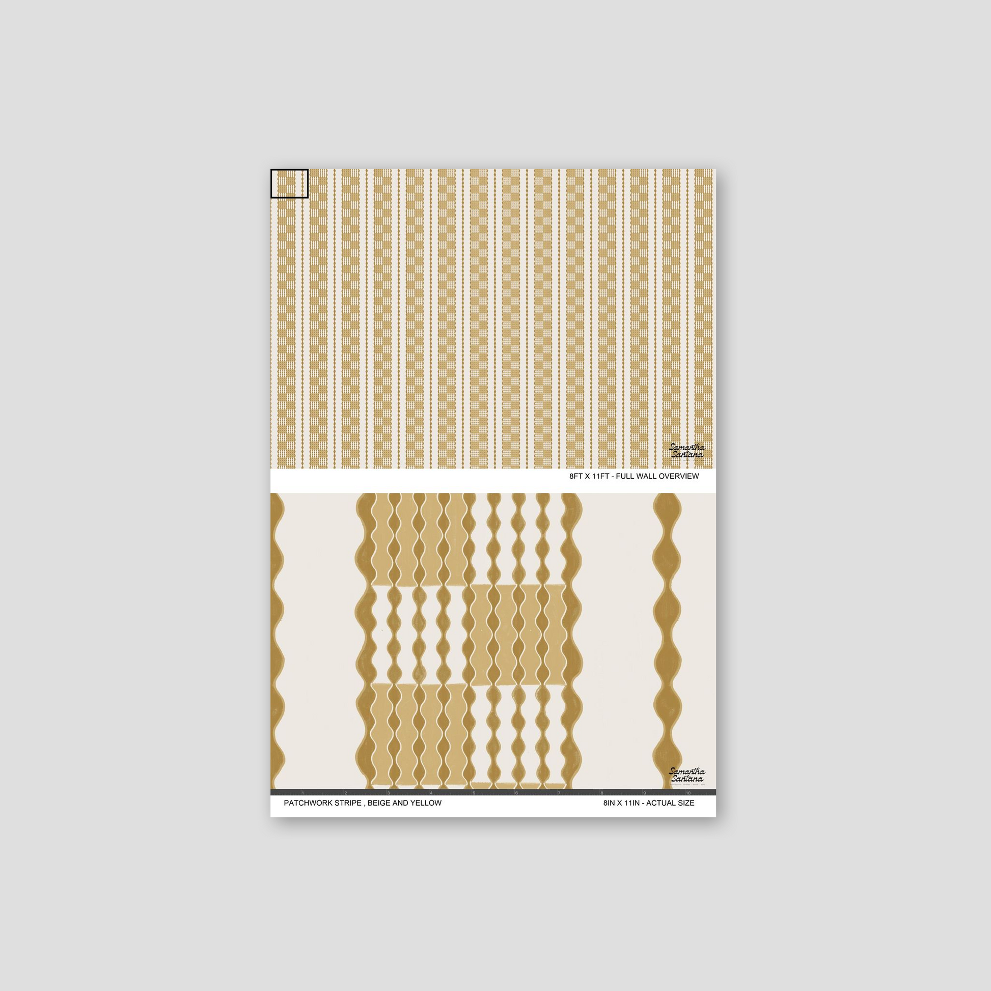 Beige and yellow patchwork stripe wallpaper with wavy geometric pattern.