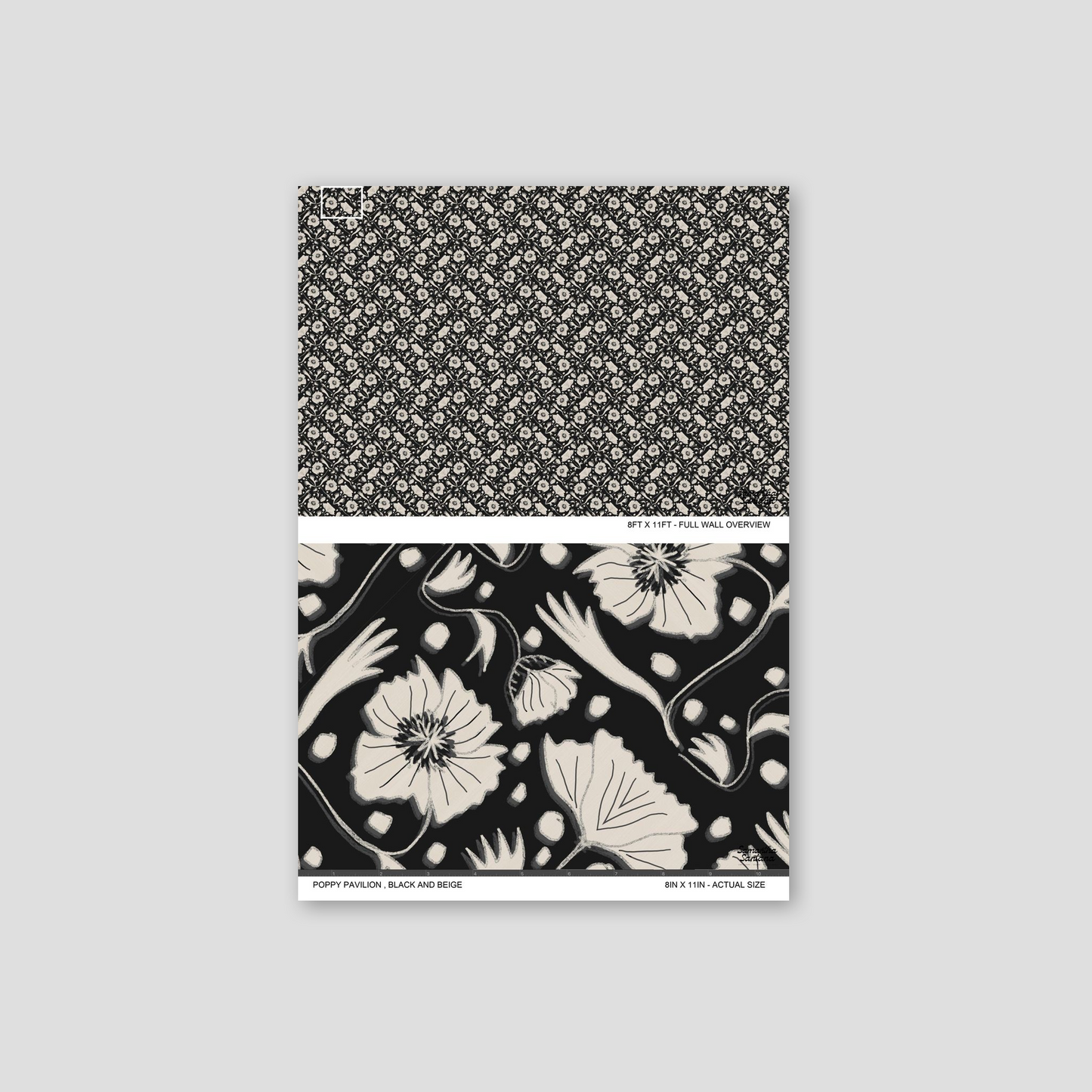 Black and beige poppy floral wallpaper pattern sample.