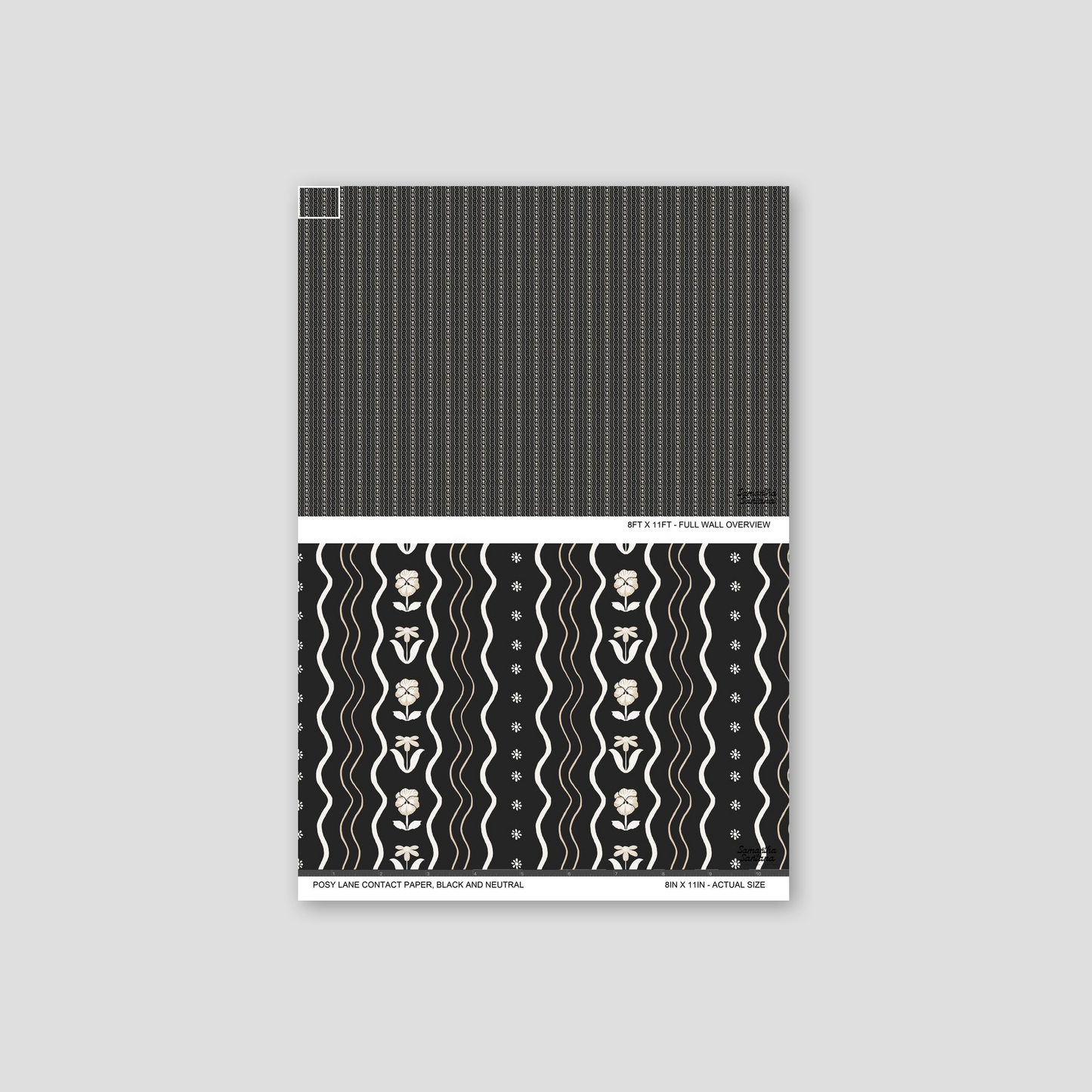 Black and neutral floral wavy line contact paper, shelf liner sample with copper accents.