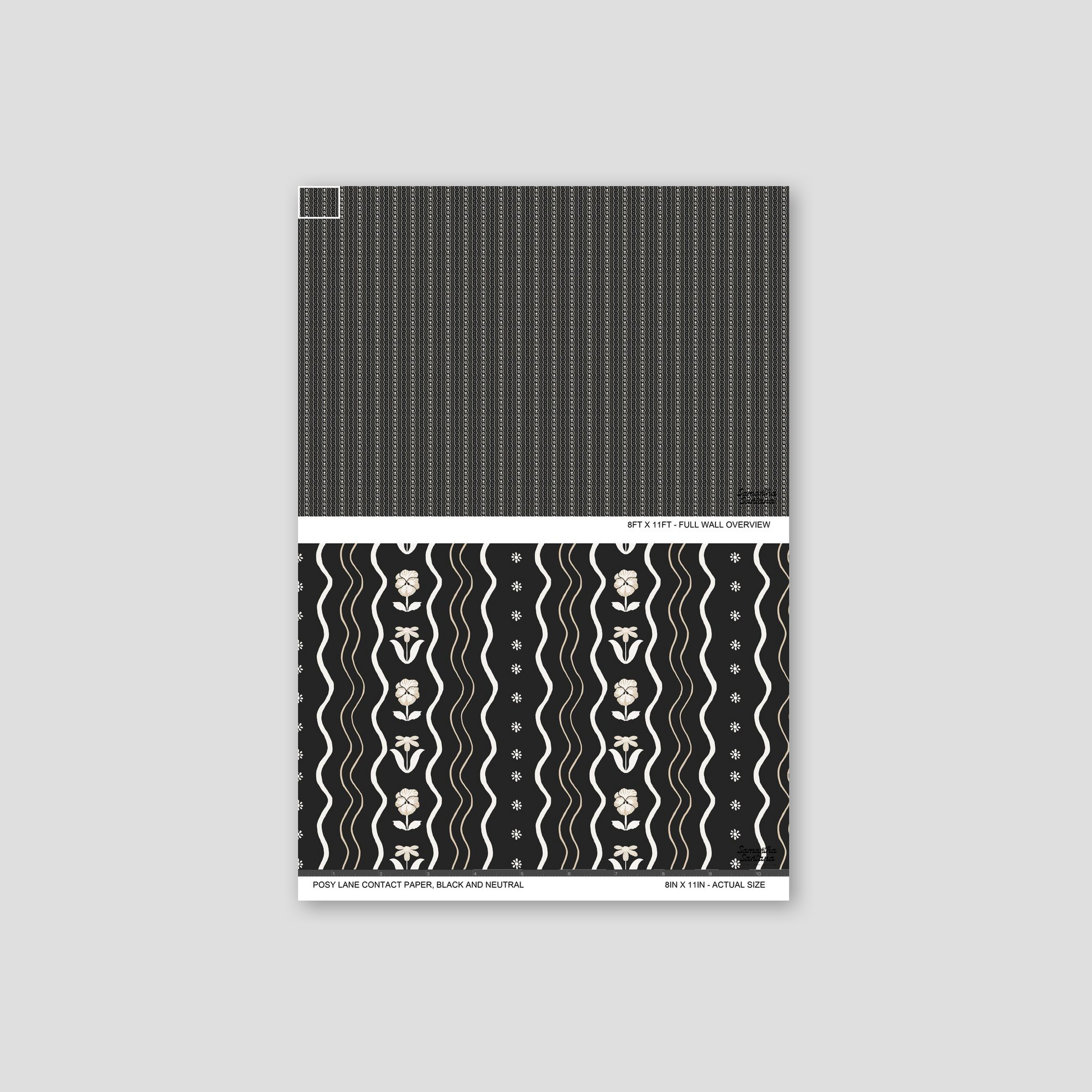 Black and neutral floral wavy line contact paper, shelf liner sample with copper accents.