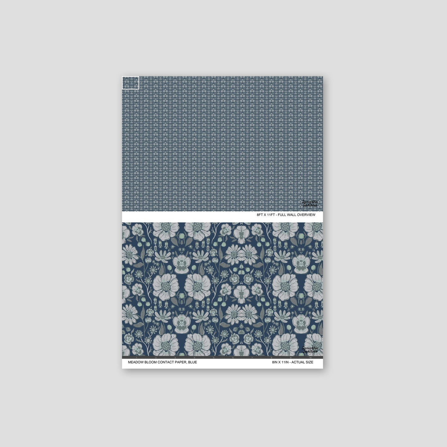 Blue floral contact paper, shelf liner with intricate white blooms on a navy background.