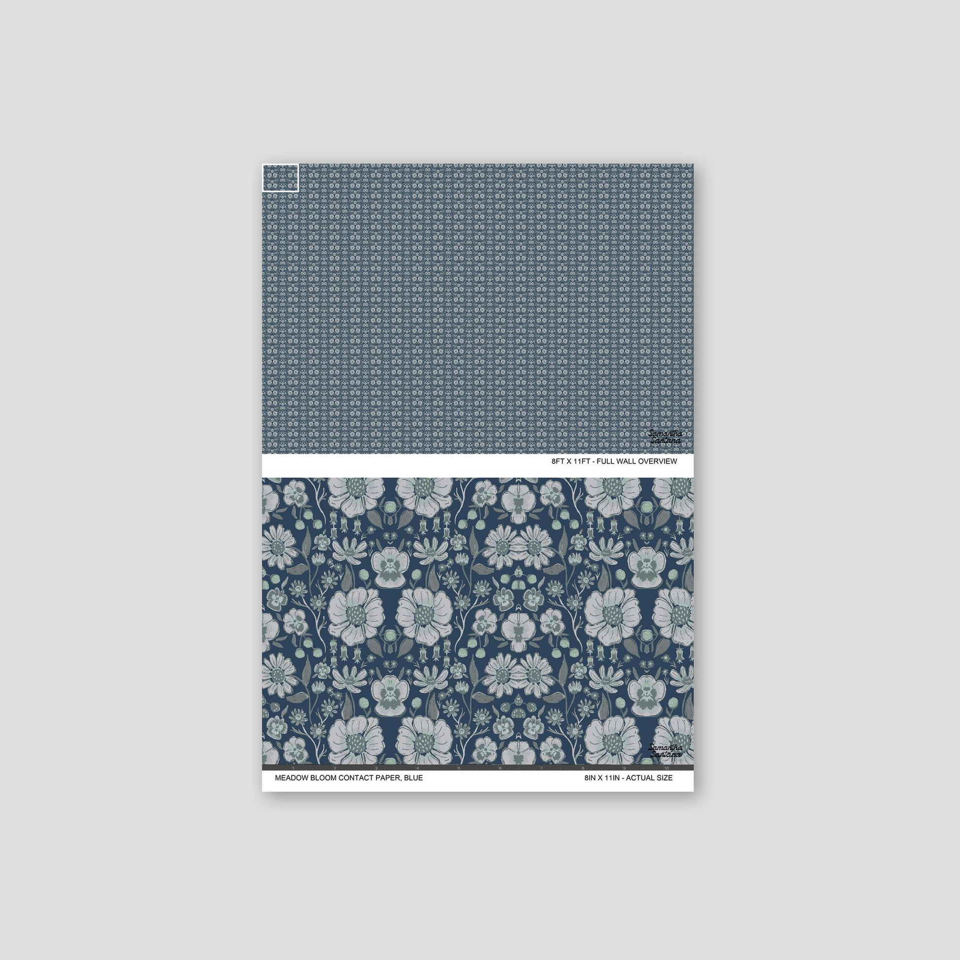 Blue floral contact paper, shelf liner with intricate white blooms on a navy background.