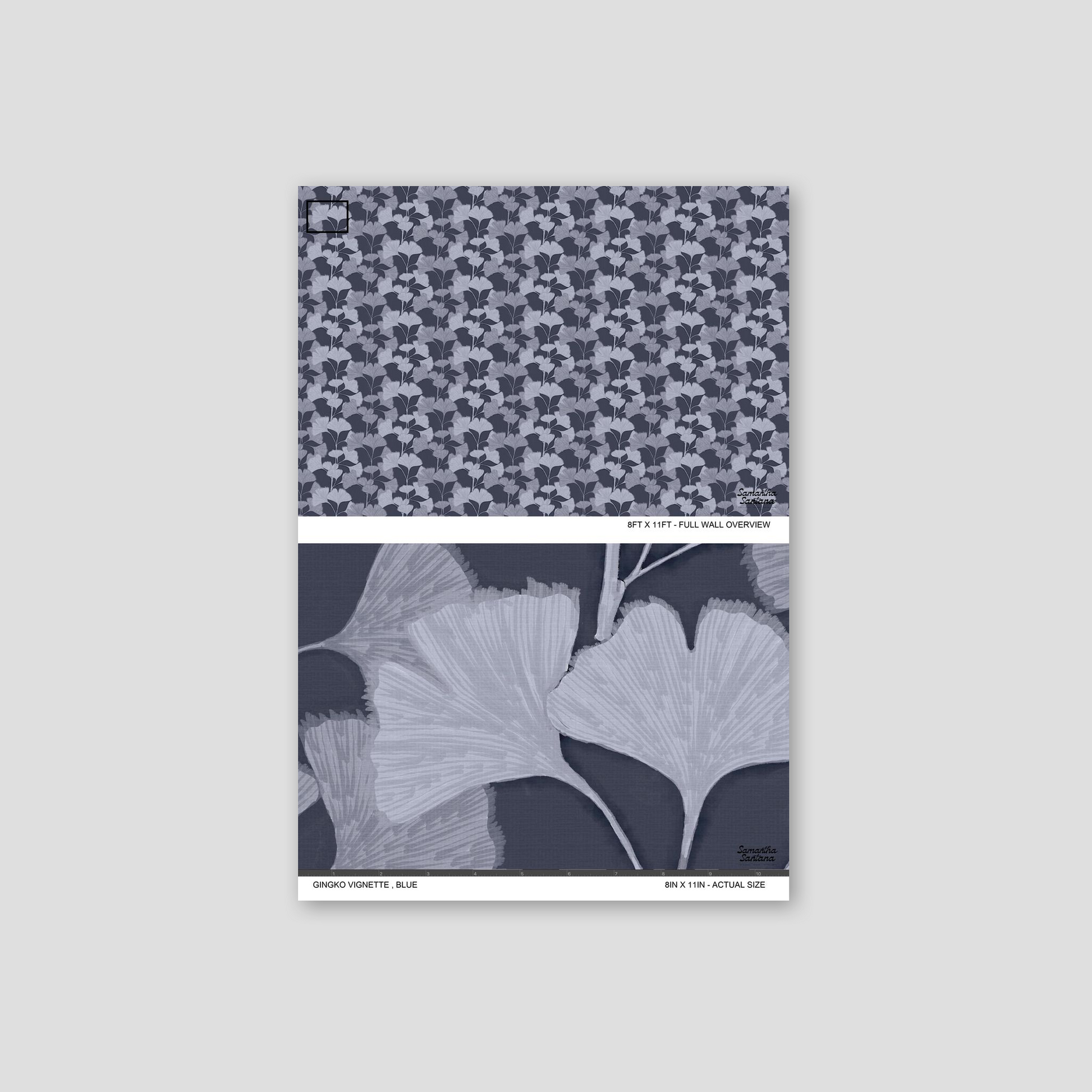 Blue ginkgo leaf pattern wallpaper sample with elegant botanical design.