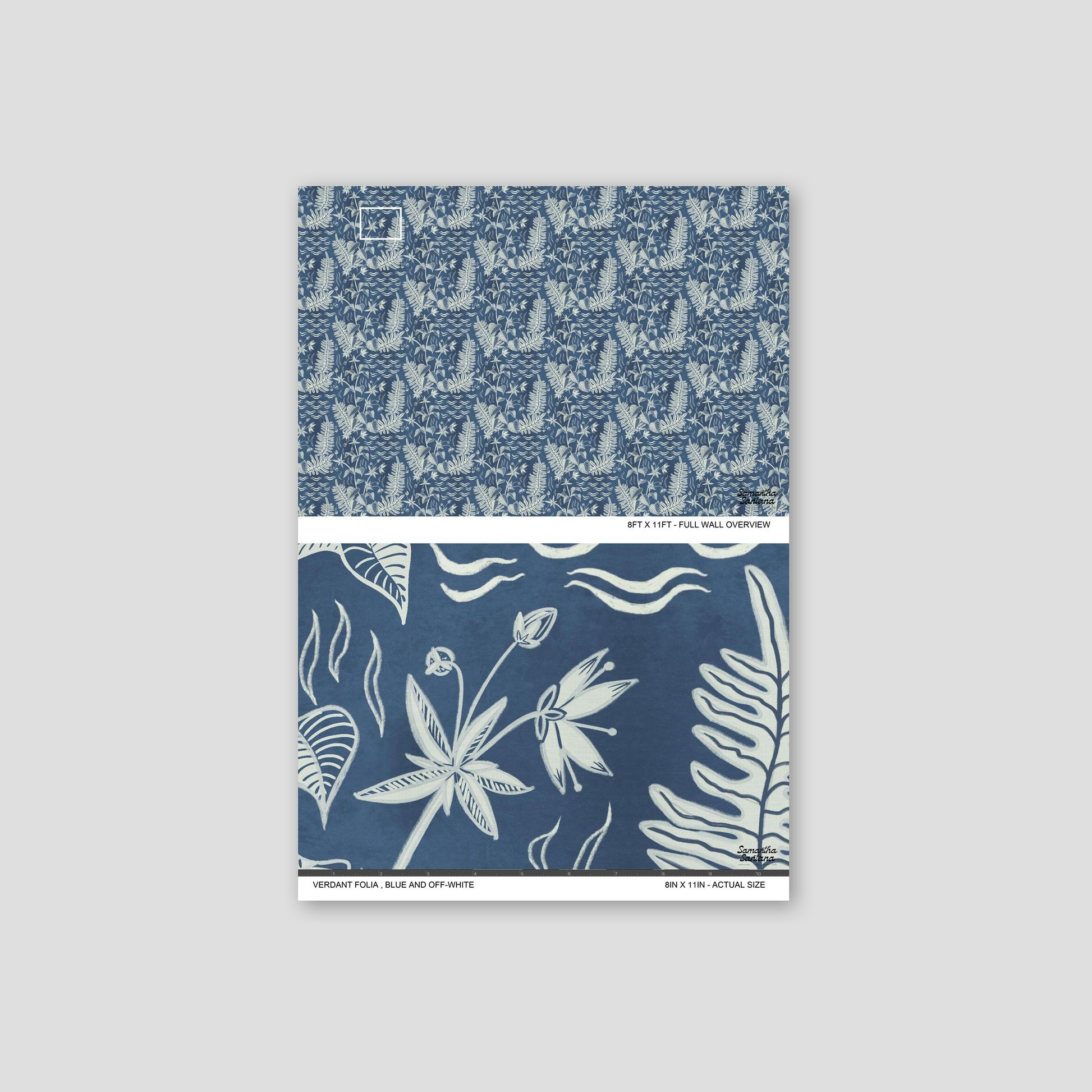 Blue and off-white botanical floral wallpaper sample with intricate leafy patterns.