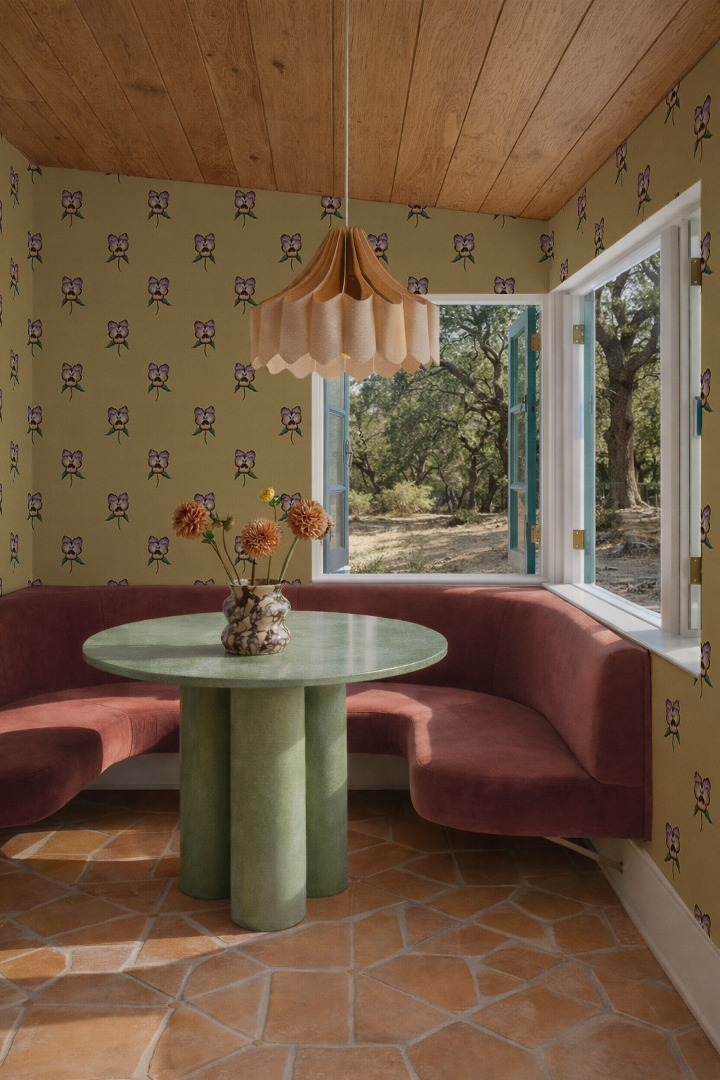 Pansy Parade Wallpaper, butter yellow and purple