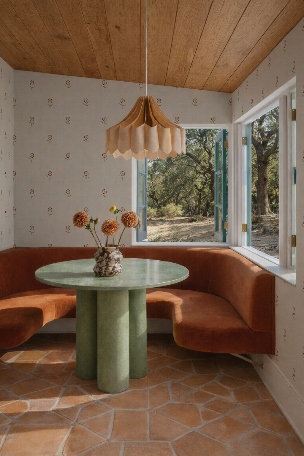 Daisy Dots Wallpaper, linen and pink