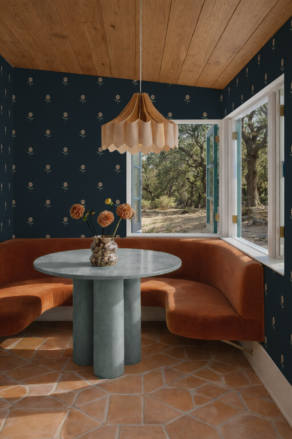 Daisy Dots Wallpaper, midnight blue