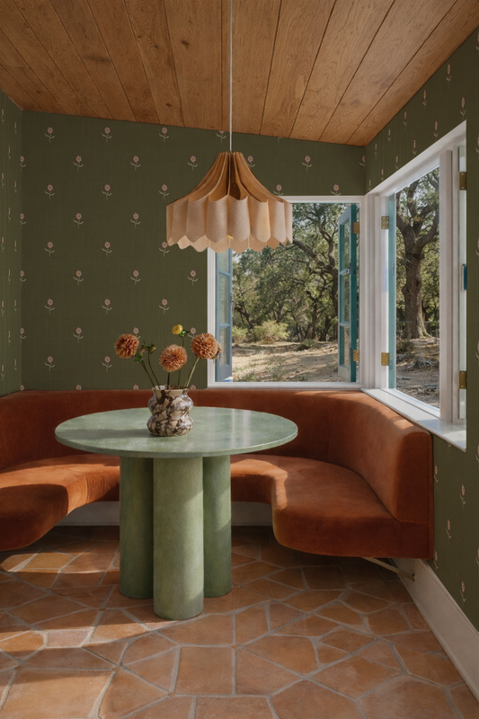Daisy Dots Wallpaper, olive green