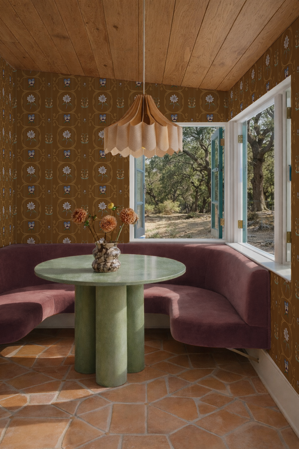 Eden Trellis Wallpaper, honey and blue violet