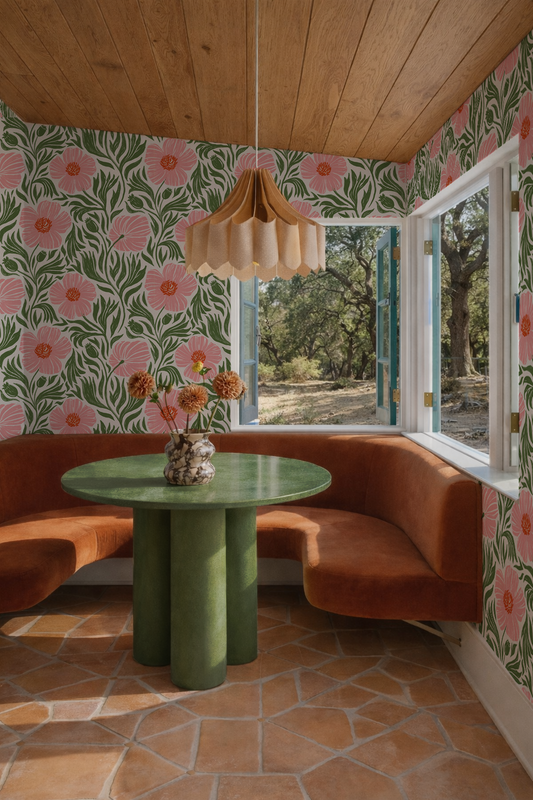Matilija Wallpaper, white, pink and green