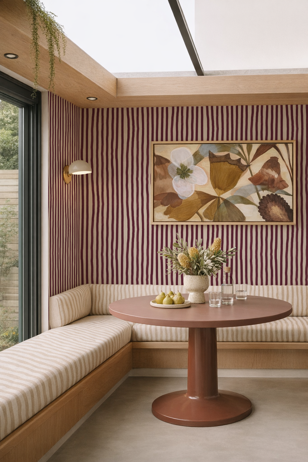 Dolce Stripe Wallpaper, off-white and eggplant