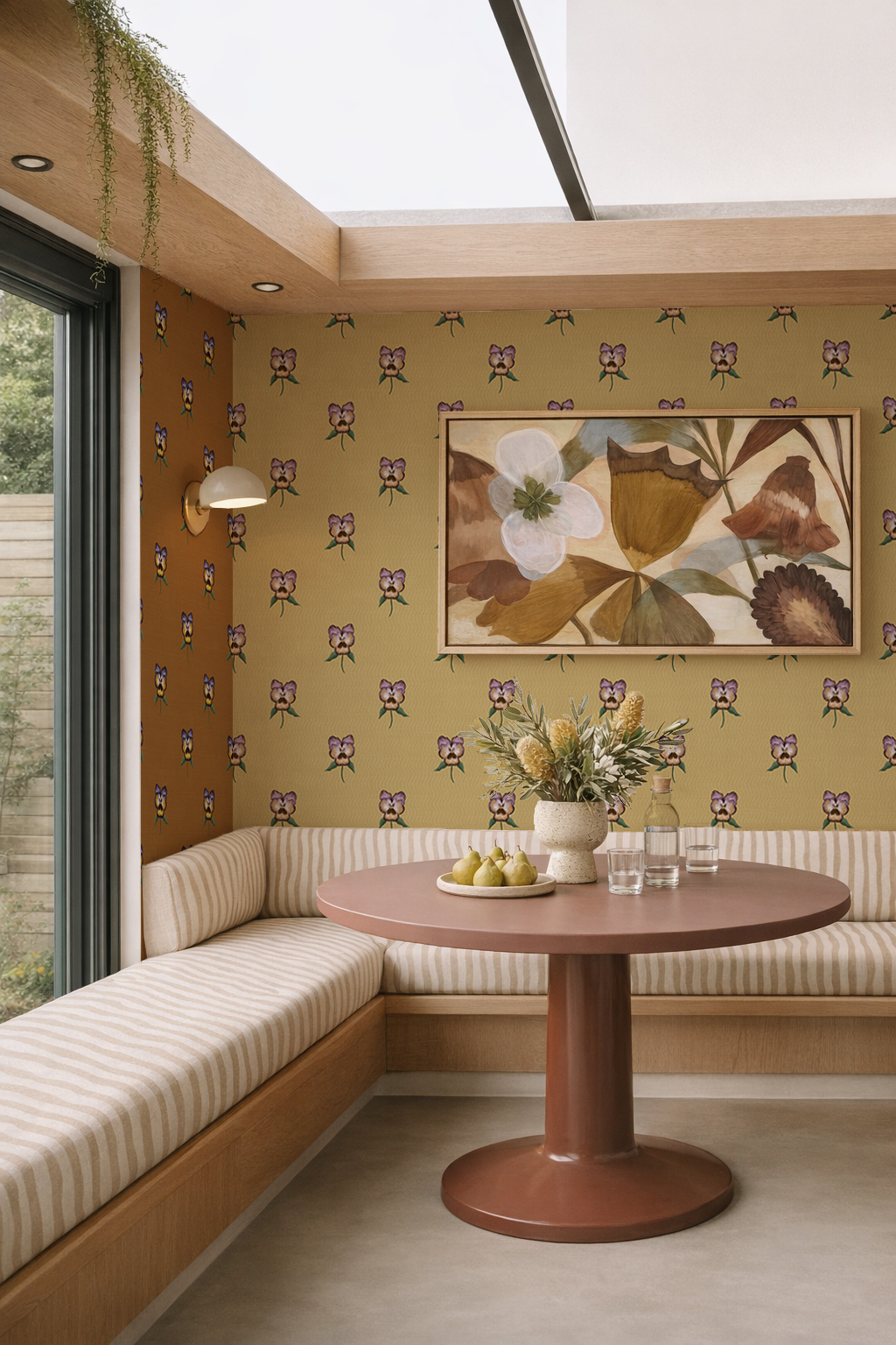 Pansy Parade Wallpaper, butter yellow and purple