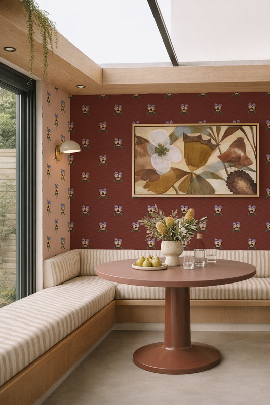 Pansy Parade Wallpaper, wine and lavender