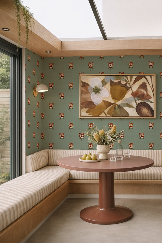 Pansy Parade Wallpaper, sage and brown