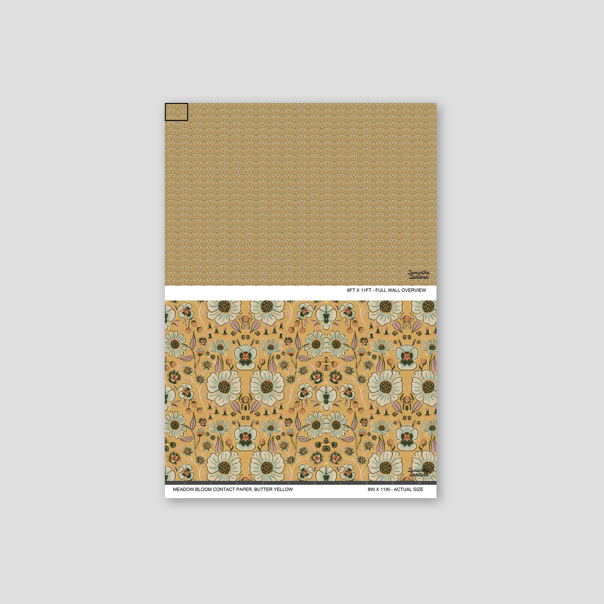 Butter yellow floral contact paper, shelf liner with intricate botanical patterns.