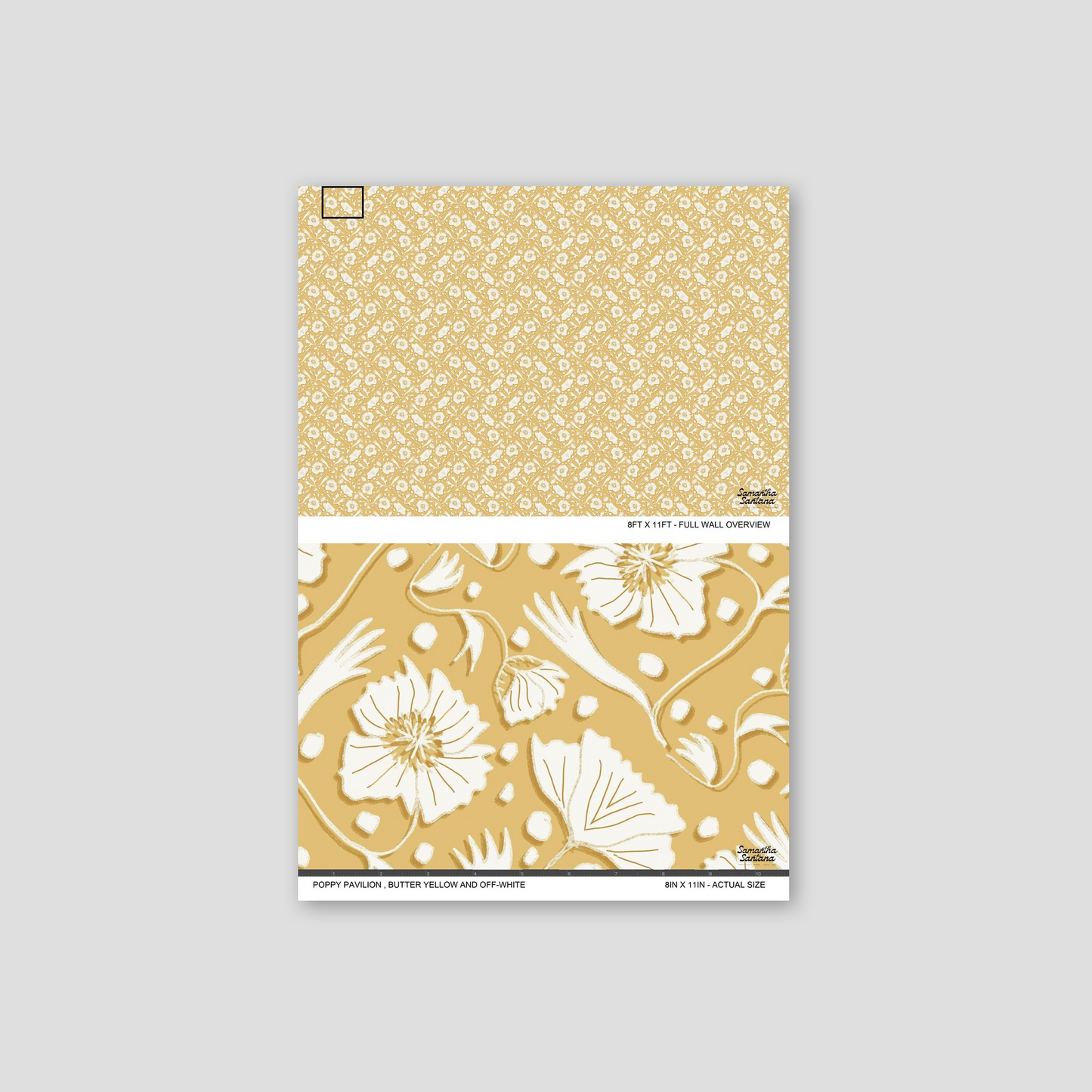Butter yellow wallpaper with white floral poppy pattern sample.