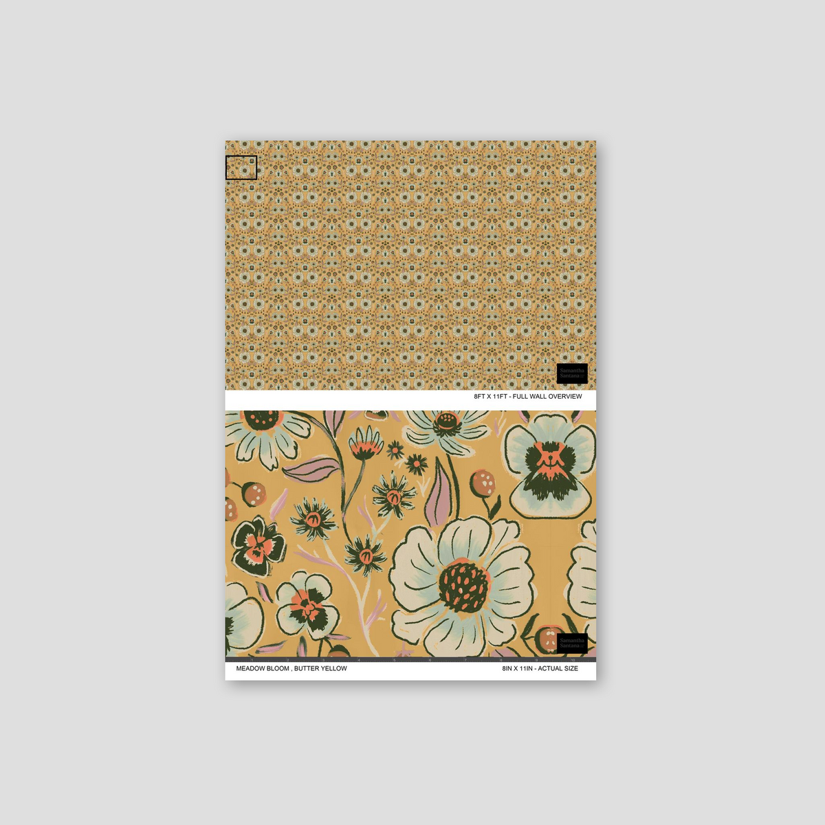 Butter yellow floral wallpaper with hand-painted flowers, vibrant and cheerful.