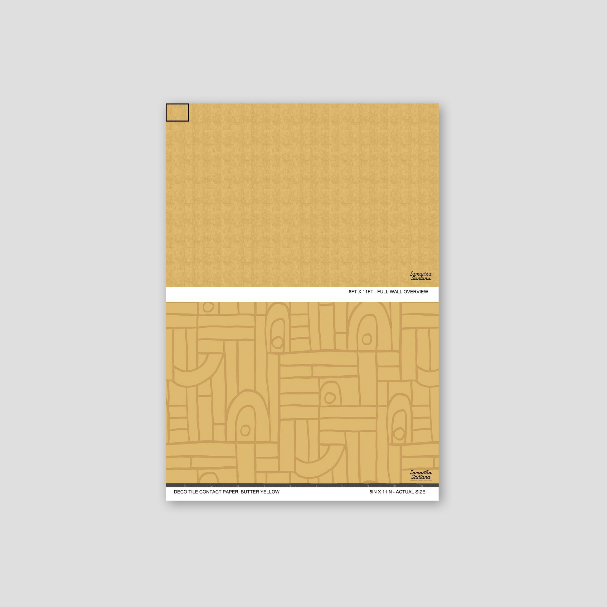 Butter yellow geometric contact paper, shelf liner sample with playful shapes.