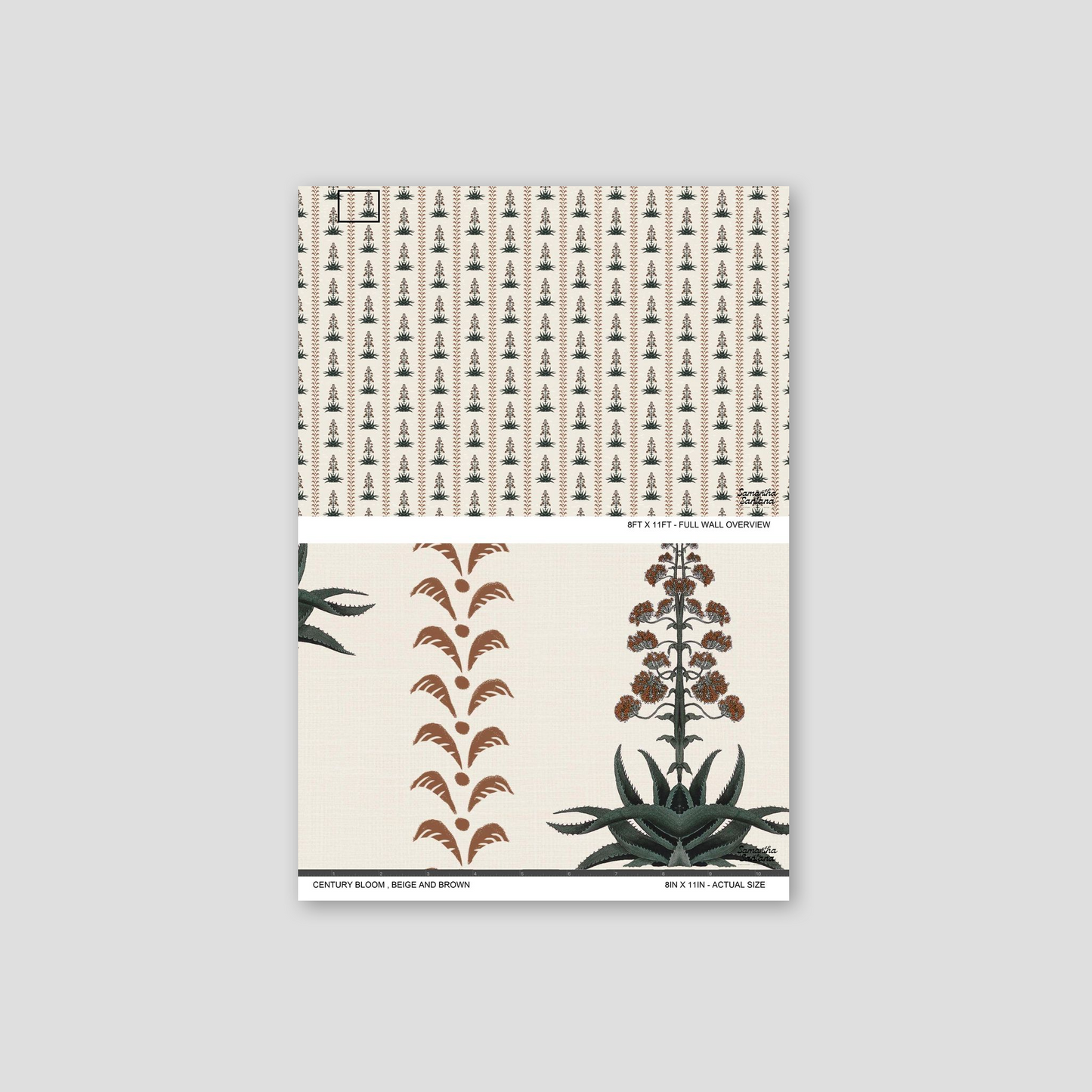 Century Bloom wallpaper sample with beige background and brown floral pattern.