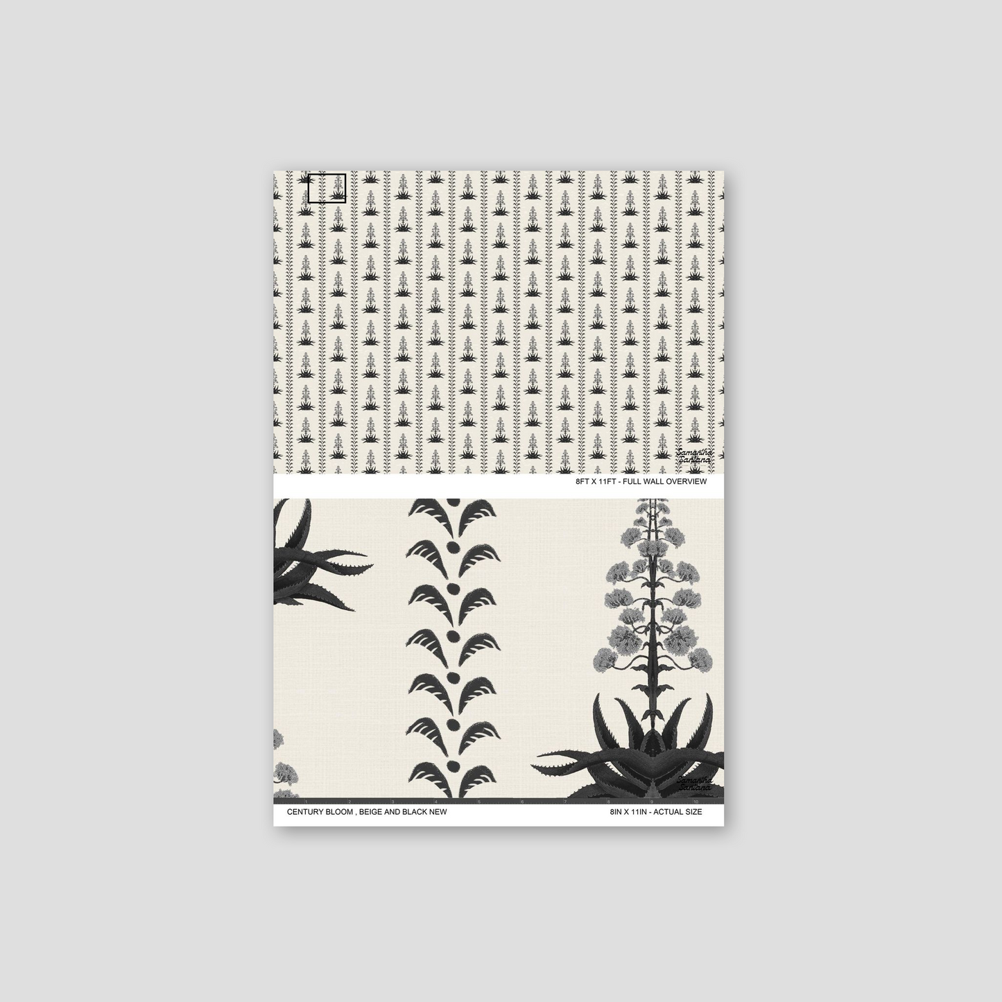 Century Bloom wallpaper with black botanical motifs on beige background.