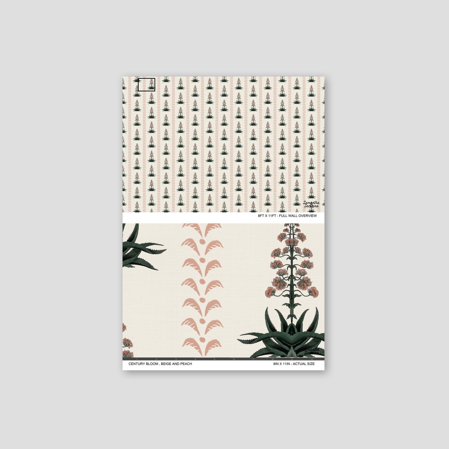 Century Bloom wallpaper with beige and peach floral pattern on sample sheet.